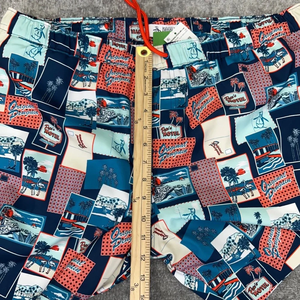 ORIGINAL PENGUIN Men's XL Swim Trunks Postcard Motel Print Blue Beach Shorts NWT